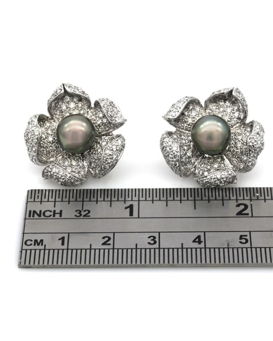 Diamond and Tahitian Black Pearl Flower Motif Earrings